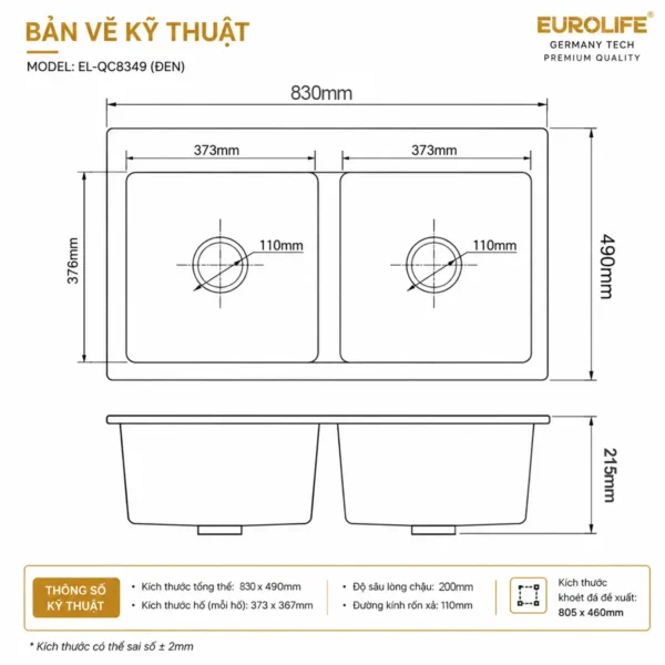 Bản vẽ kỹ thuật chậu đá thạch anh Eurolife EL-QC8349 2 hố cân