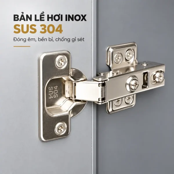 Cận cảnh bản lề hơi Inox SUS 304 của tủ lavabo nhôm Eurolife BLV-AL15, có vít cố định và điều chỉnh cánh tủ.