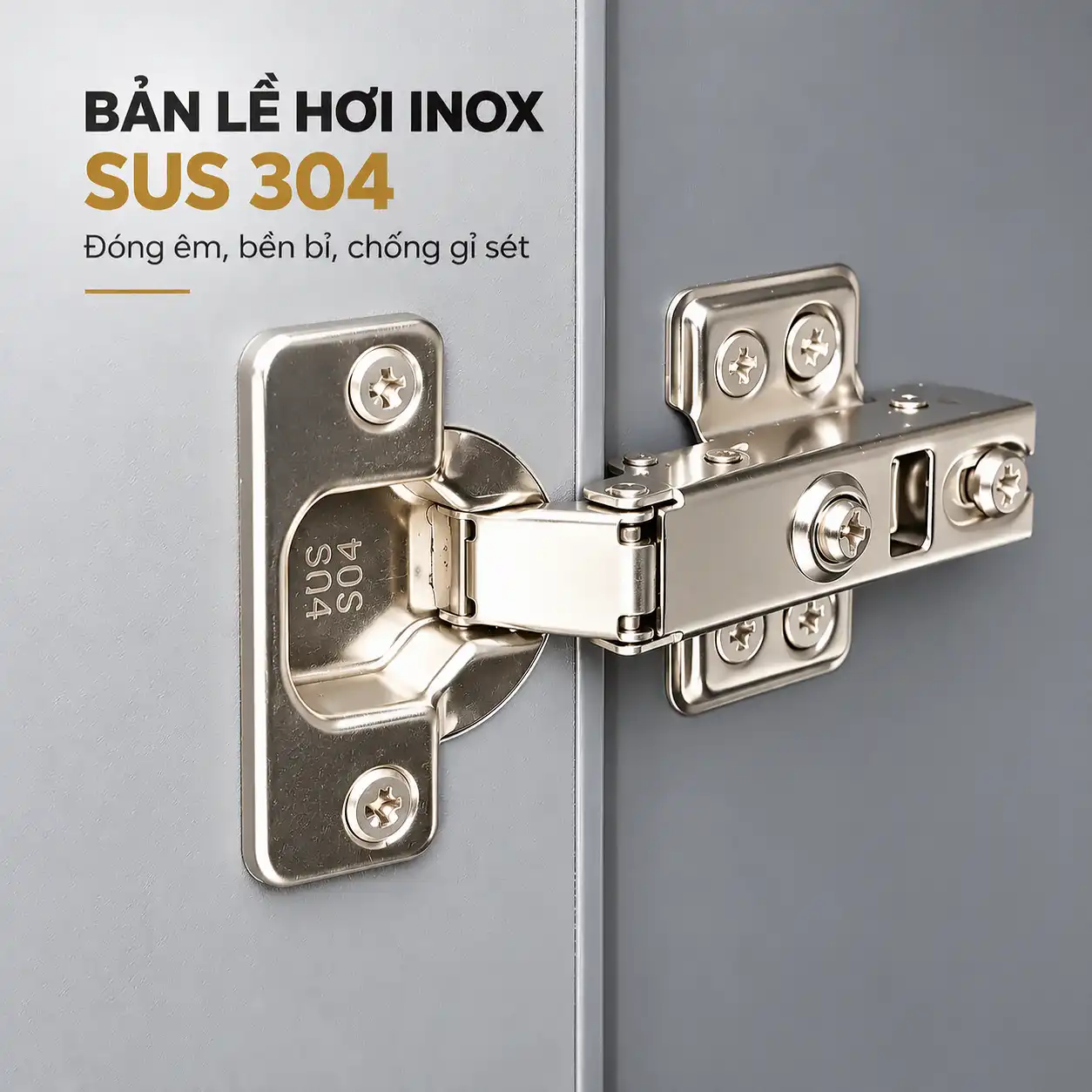 Cận cảnh bản lề hơi Inox SUS 304 của tủ lavabo nhôm Eurolife BLV-AL15, có vít cố định và điều chỉnh cánh tủ.