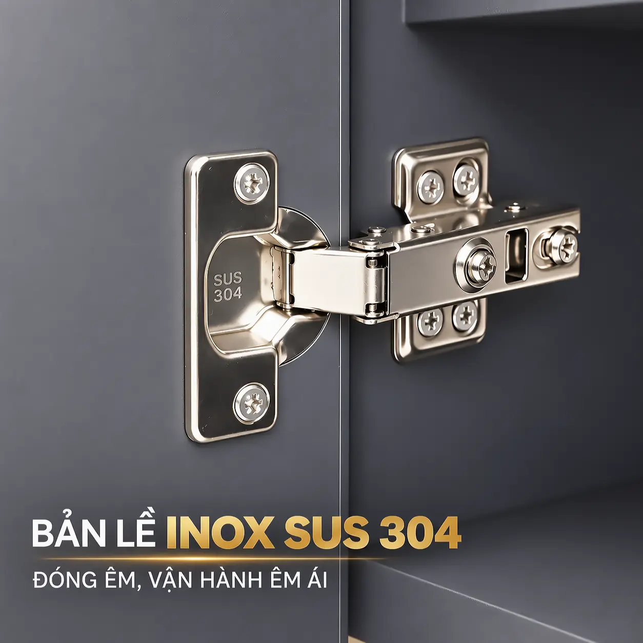Bản lề Inox SUS 304 đóng êm trên cánh tủ lavabo Eurolife BLV-IN03, có vít điều chỉnh và bề mặt kim loại sáng bóng.