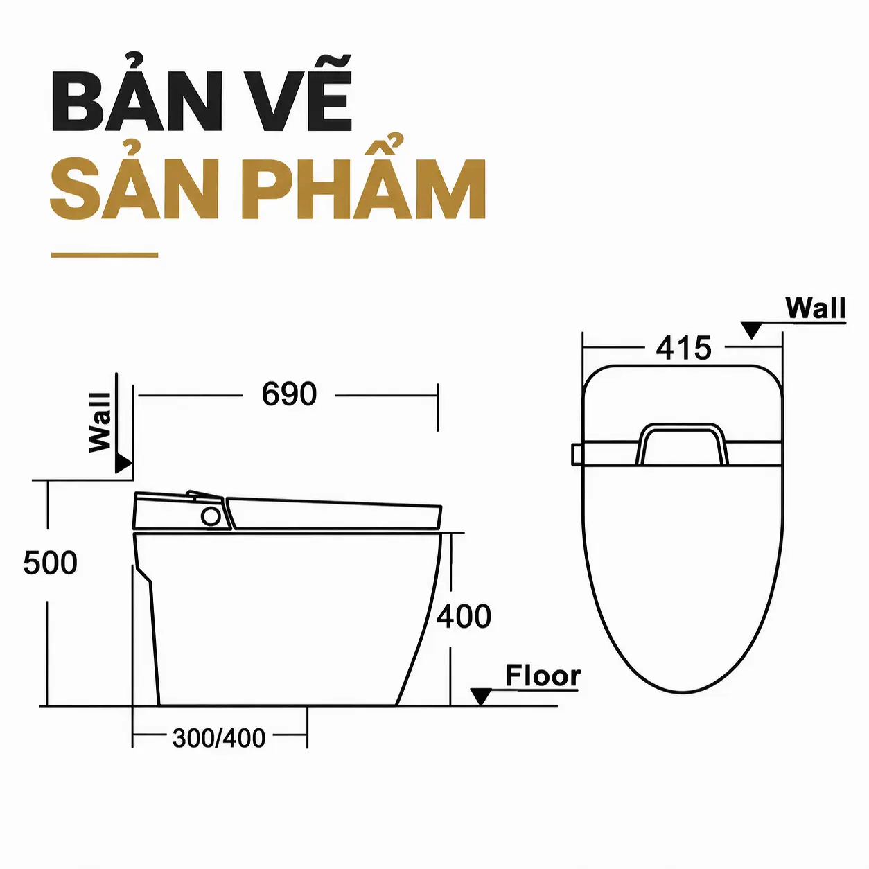 Bản vẽ bồn cầu Eurolife EL-SM8058D với kích thước 690 × 415 × 500 mm và ký hiệu tâm xả 300/400 mm.