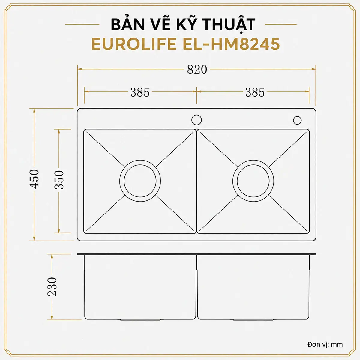Bản vẽ kích thước chậu đúc Inox 304 Eurolife EL-HM8245 820x450x230mm