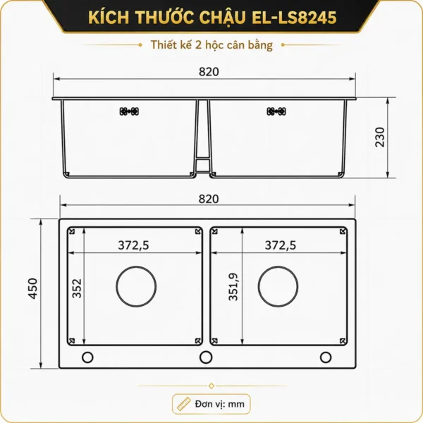 Bản vẽ kích thước chậu đúc Eurolife EL-LS8245 820x450x230mm