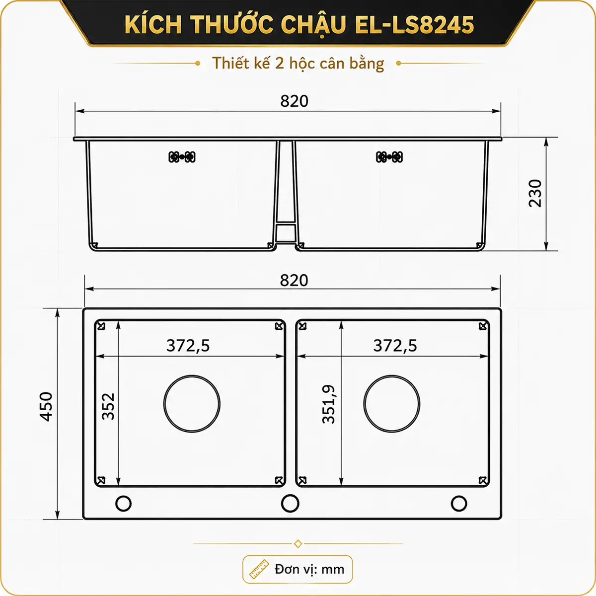 Bản vẽ kích thước chậu đúc Eurolife EL-LS8245 820x450x230mm