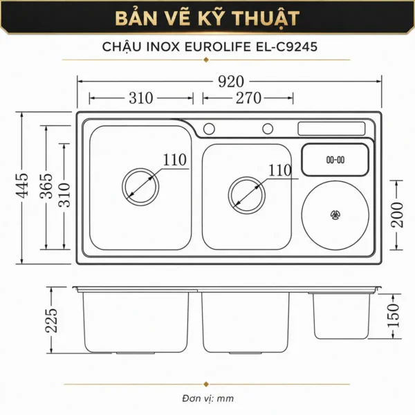 Bản vẽ kỹ thuật chậu Inox Eurolife EL-C9245 thể hiện kích thước tổng thể và từng hộc