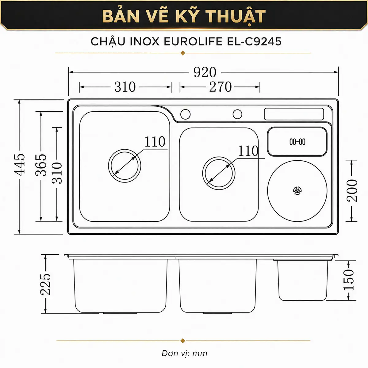 Bản vẽ kỹ thuật chậu Inox Eurolife EL-C9245 thể hiện kích thước tổng thể và từng hộc