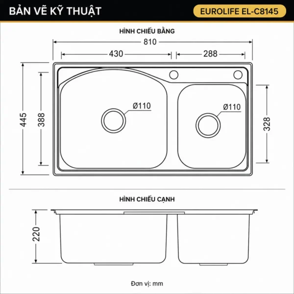 Bản vẽ kích thước chậu rửa chén Eurolife EL-C8145 tổng thể 810 × 445 × 220 mm
