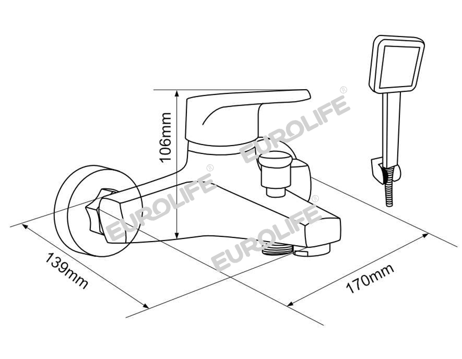 Bản vẽ kích thước củ sen nóng lạnh Eurolife EL-IRIS 01, giúp khách hàng tham khảo chiều cao 106mm, chiều ngang 139mm và chiều dài khoảng 170mm trước khi lắp đặt.