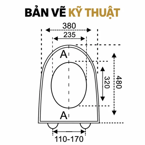 Bản vẽ nắp bồn cầu Eurolife EL-PS216 thể hiện kích thước 480 × 380 mm và các đường đo phần mở, vị trí gắn phía sau.