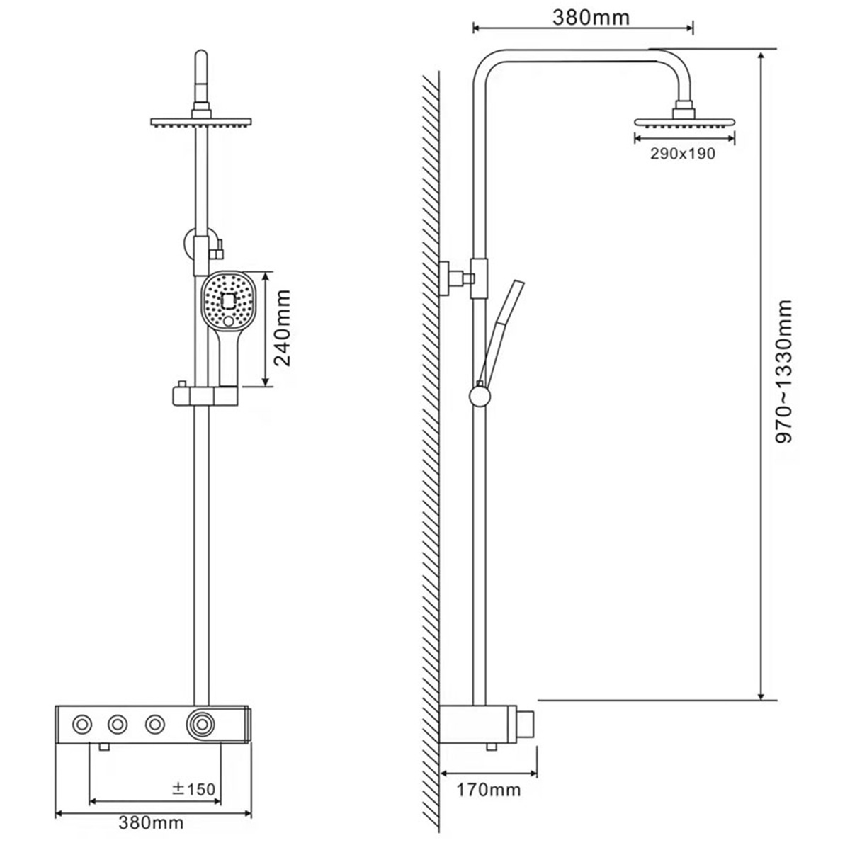 Bản vẽ kích thước sen cây Eurolife EL-SC918 thể hiện chiều cao lắp đặt 970–1330mm, thân củ sen 380mm, bát sen 290x190mm và khoảng cách tâm cấp nước ±150mm.