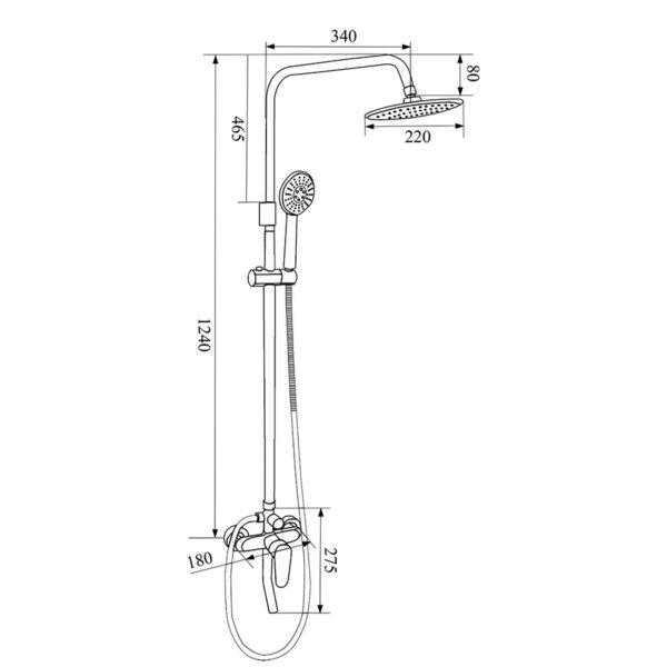 Bản vẽ kích thước sen cây Eurolife EL-SC929 với chiều cao bộ sen 1240mm, bát sen 220mm, cần sen 340mm và thông số lắp đặt chi tiết.