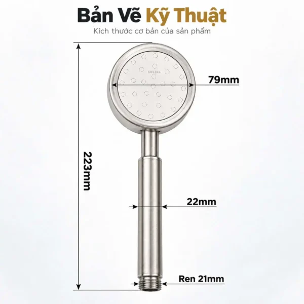 Bản vẽ kỹ thuật tay sen Eurolife EL-H119 với mặt sen 79mm, dài 223mm, thân 22mm và ren ngoài 21mm