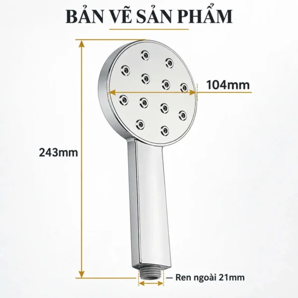 Bản vẽ tay sen Eurolife EL-H120 mặt Ø104mm dài 243mm và ren ngoài 21mm