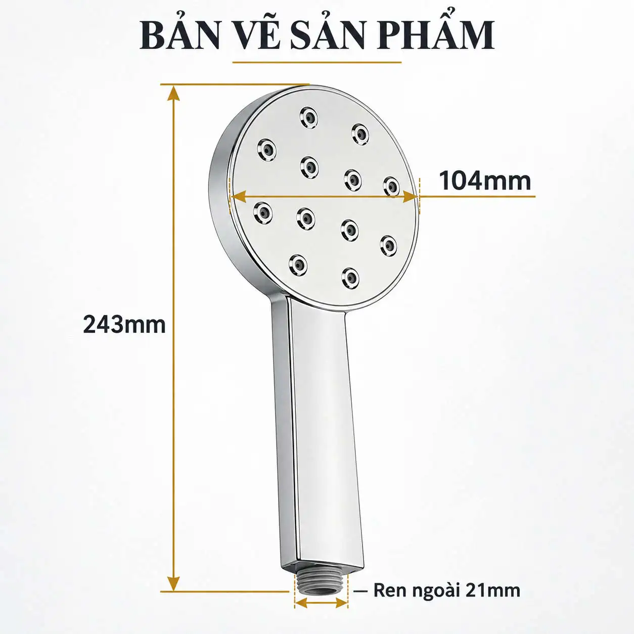 Bản vẽ tay sen Eurolife EL-H120 mặt Ø104mm dài 243mm và ren ngoài 21mm