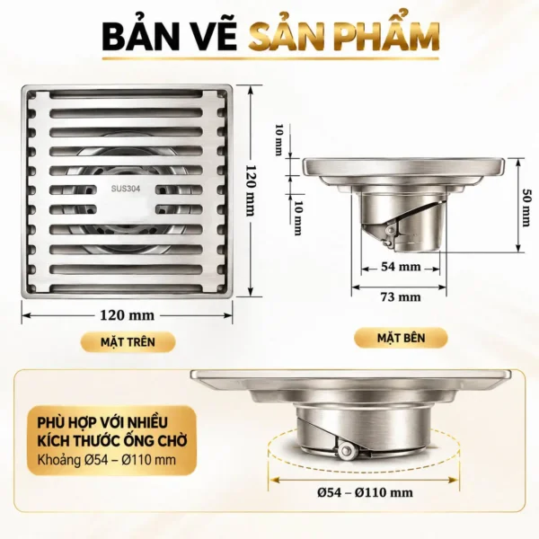 Bản vẽ thoát sàn Eurolife EL-HG03 mặt 120x120 mm, cao 50 mm, đáy 54 và 73 mm