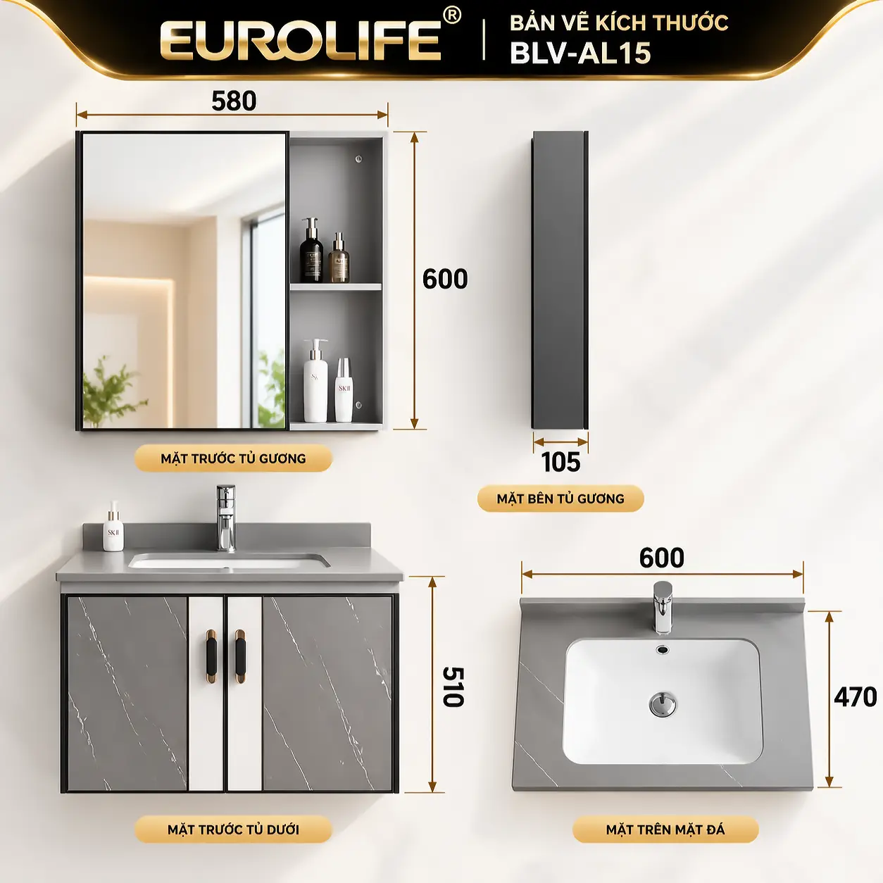 Bản vẽ kích thước tủ lavabo nhôm Eurolife BLV-AL15, tủ dưới 600 × 470 × 510 mm và tủ gương 580 × 105 × 600 mm.
