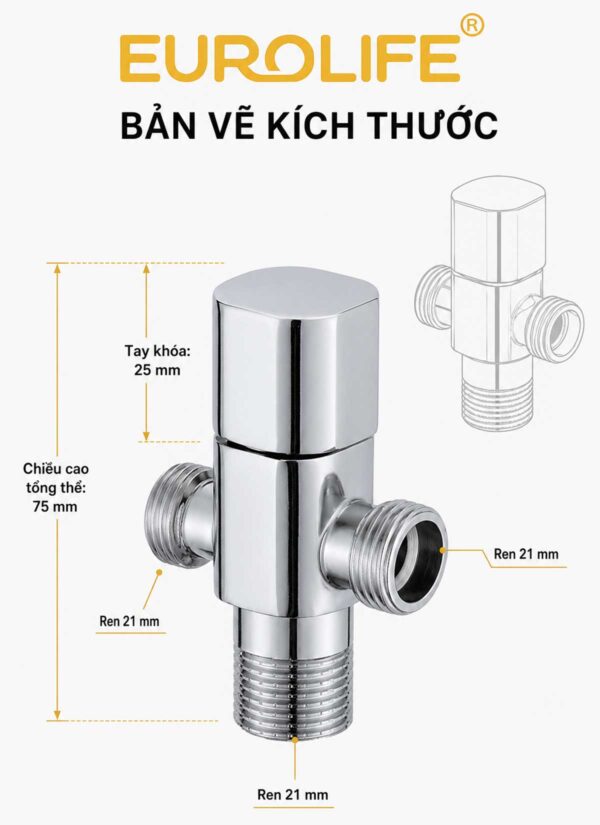 Bản vẽ kích thước van T Eurolife EL-VG02 cao 75mm, tay khóa 25mm và ba đầu ren ngoài 21mm, giúp khách hàng kiểm tra trước khi mua và lắp đặt.