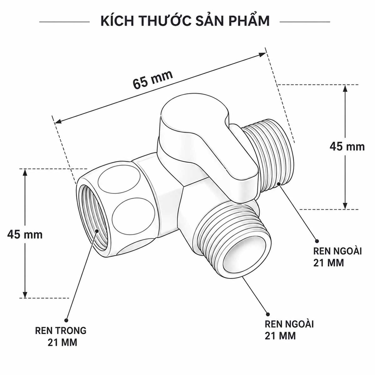 : Bản vẽ kích thước van T Eurolife EL-VT03 dài 65mm, cao 45mm, sử dụng một ren trong và hai ren ngoài 21mm.