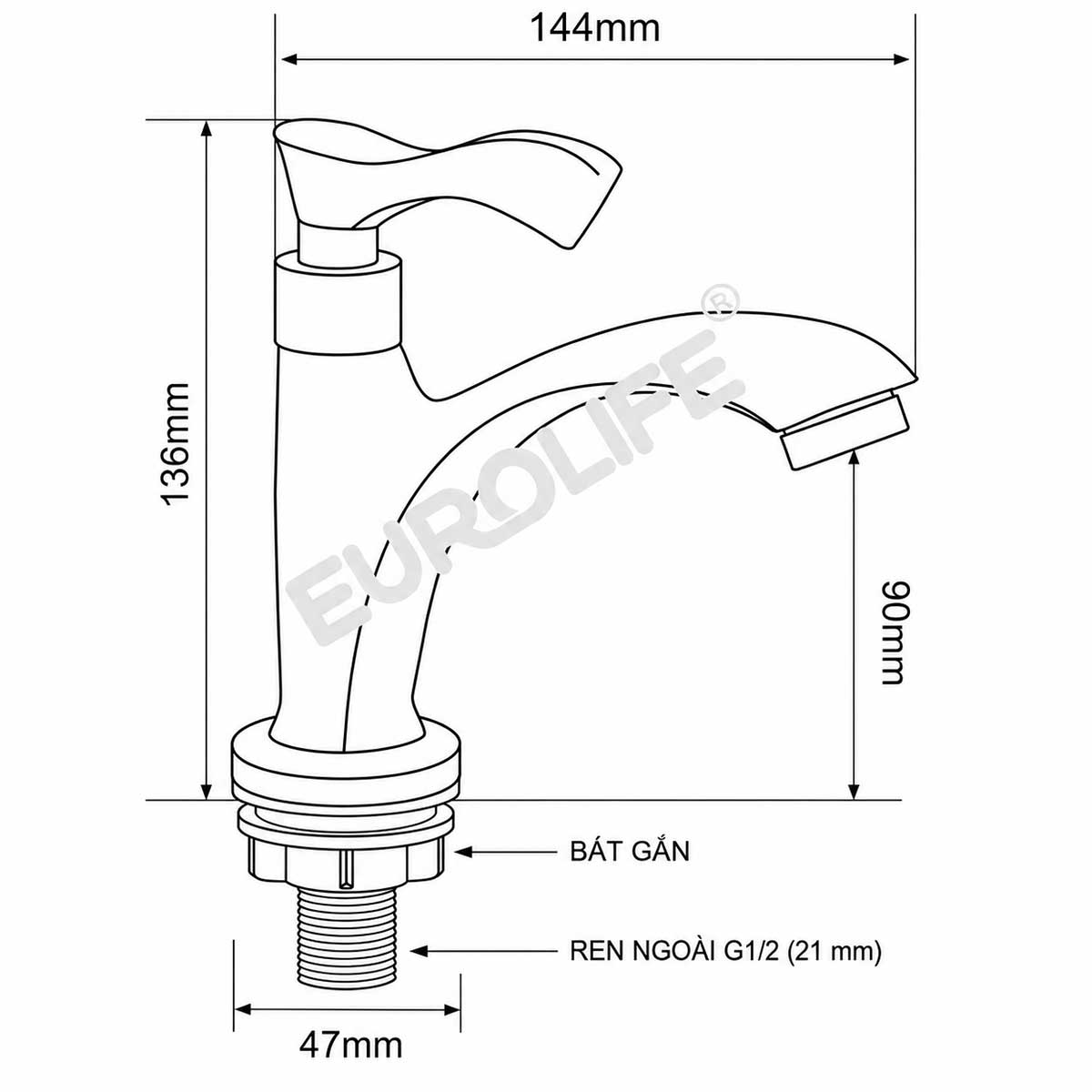 Bản vẽ kích thước vòi lavabo lạnh thân cao Eurolife EL-LL115 