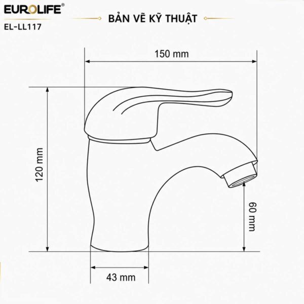 Bản vẽ kích thước vòi lavabo thân cao Eurolife EL-LL117 cao 120mm, dài 150mm