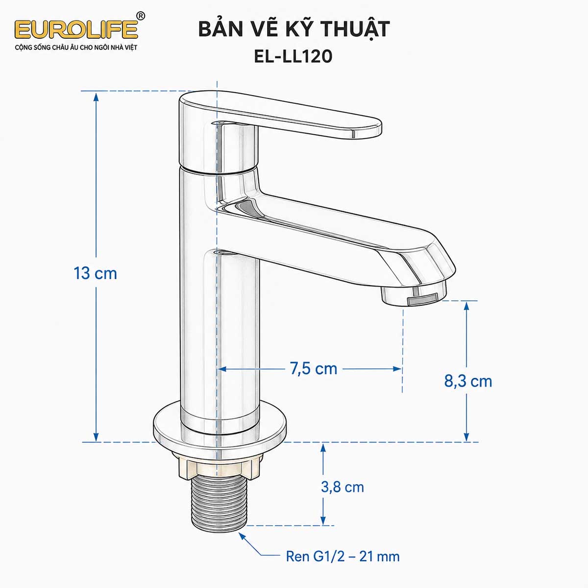 Bản vẽ kích thước vòi lavabo lạnh thân cao Eurolife EL-LL120