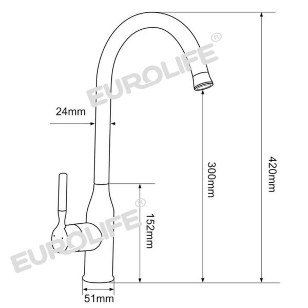 Bản vẽ kích thước vòi rửa chén Eurolife EL-KM04 giúp khách hàng kiểm tra chiều cao, chiều rộng và vị trí lắp đặt trước khi mua, phù hợp cho chậu rửa chén 1 hố hoặc 2 hố.