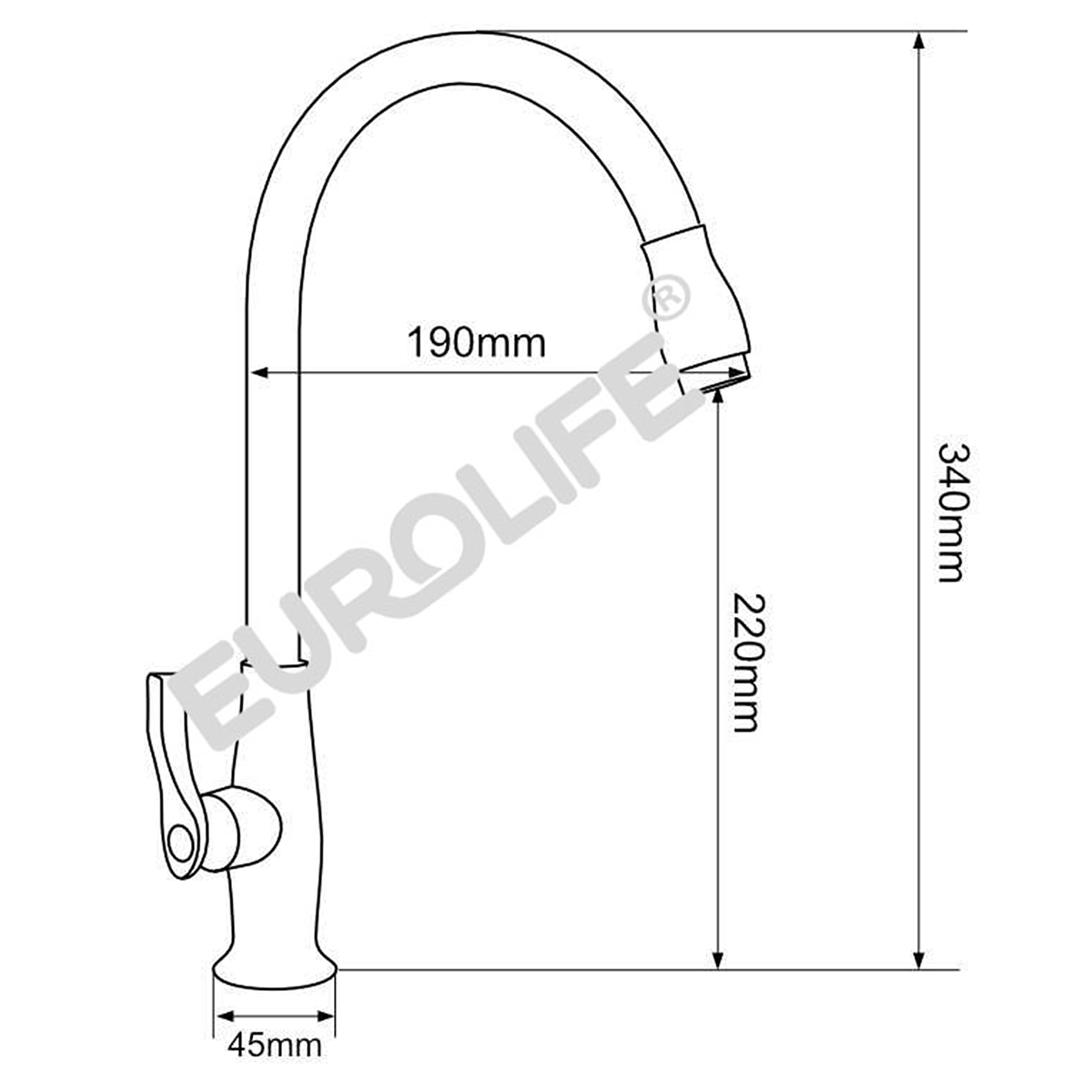 Bản vẽ kích thước vòi rửa chén lạnh Eurolife EL-RC06 giúp khách hàng kiểm tra chiều cao 340mm, tầm vươn 190mm và đường kính chân đế 45mm trước khi mua.