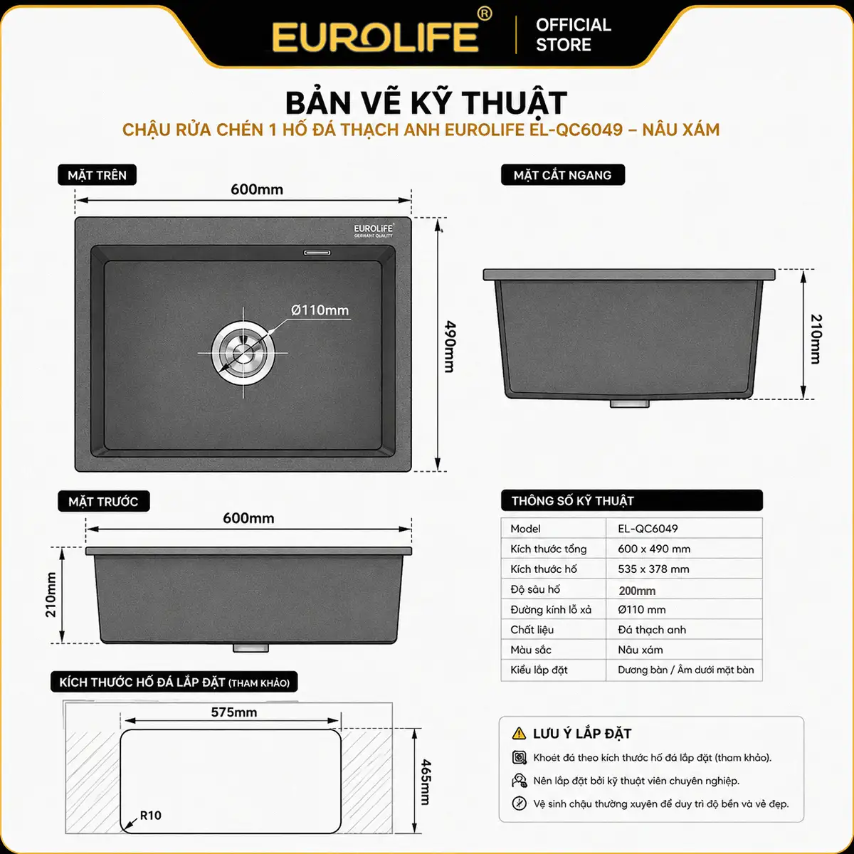 Bản vẽ kỹ thuật chậu rửa chén đá thạch anh Eurolife EL-QC6049