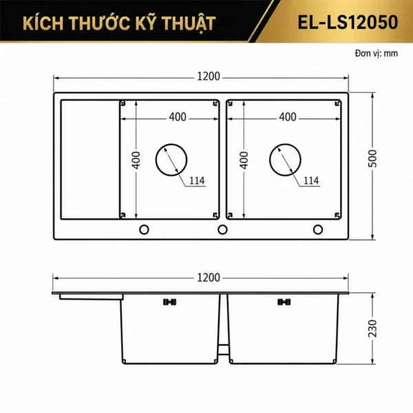 Bản vẽ kỹ thuật chậu Eurolife EL-LS12050 kích thước 1200x500x230mm