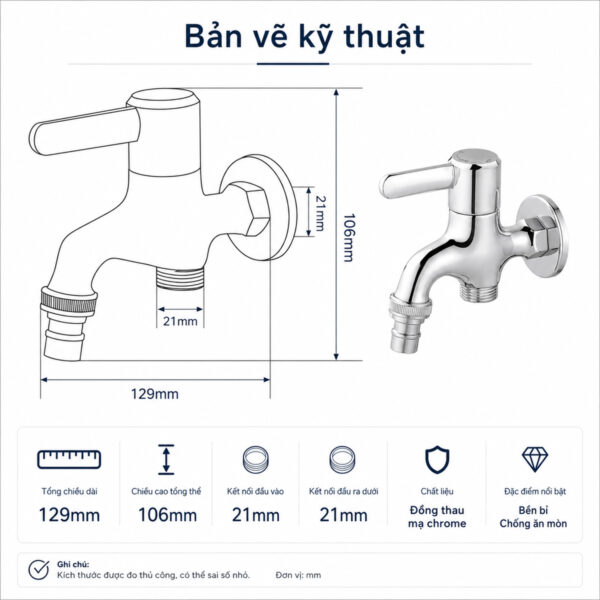 Bản vẽ kỹ thuật củ sen lạnh Eurolife EL-SL109 với tổng chiều dài 129mm, chiều cao 106mm, đầu vào và đầu ra ren ngoài 21mm, phù hợp lắp đặt linh hoạt trong phòng tắm hoặc khu giặt.