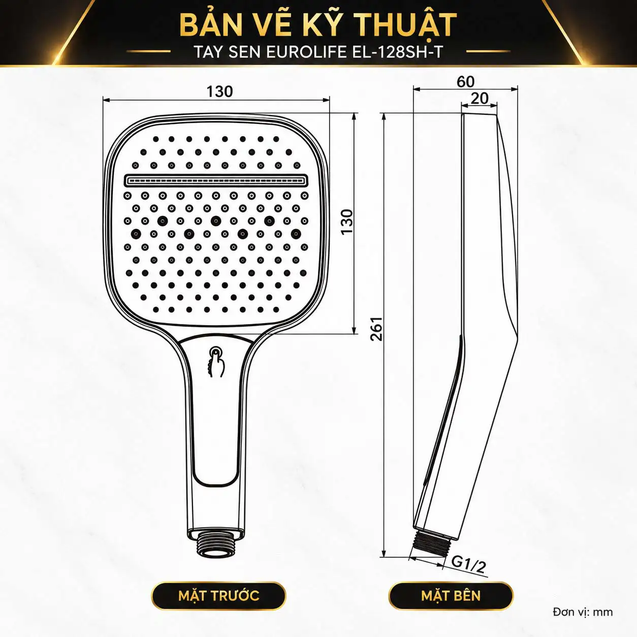 Bản vẽ kỹ thuật tay sen Eurolife EL-128SH-T mặt 130 x 130 mm dài 261 mm chuẩn ren G1/2