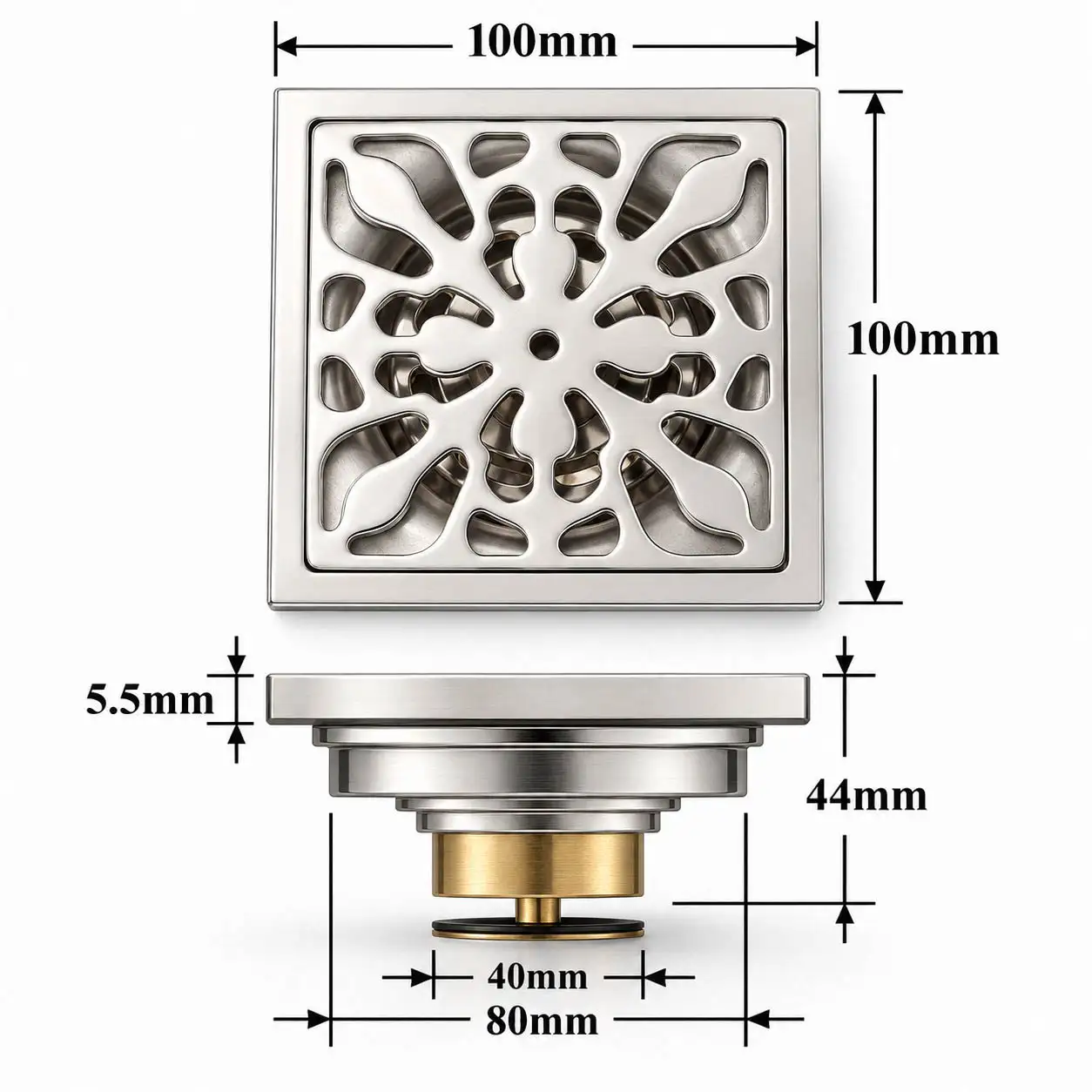 Bản vẽ kỹ thuật thoát sàn Eurolife EL-HG06 kích thước 100x100 mm, cao 44 mm, mặt dày 5,5 mm