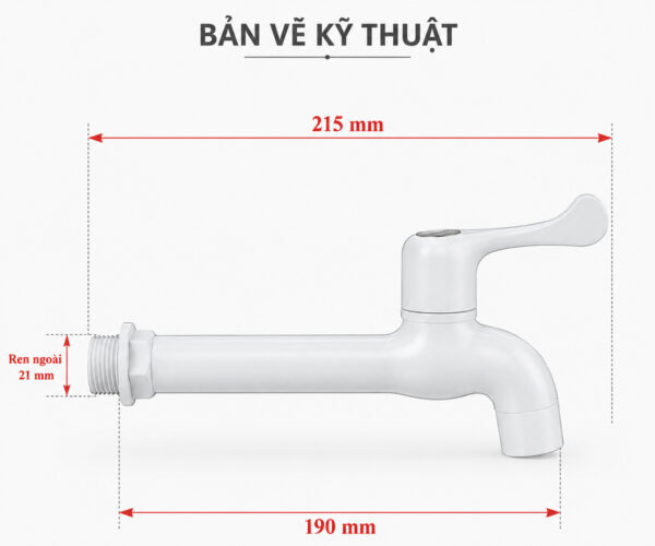 Bản vẽ kỹ thuật vòi hồ Eurolife EL-VH02 thể hiện chiều dài tổng thể 215mm, khoảng vươn thân vòi 190mm và ren kết nối ngoài 21mm.