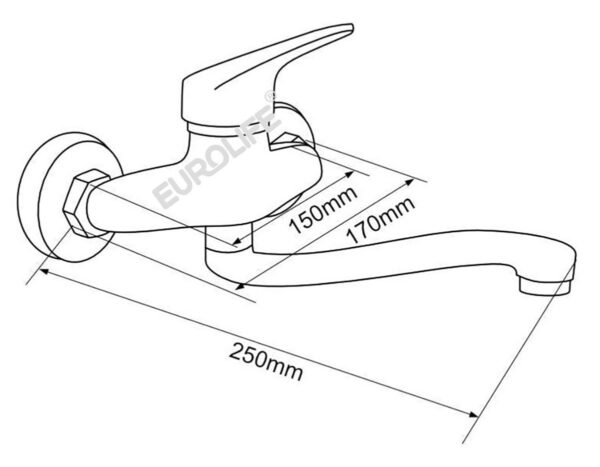 Bản vẽ kỹ thuật vòi rửa chén âm tường Eurolife EL-T016AT giúp khách hàng và thợ lắp đặt tham khảo kích thước 150mm, 170mm và chiều dài cần vòi 250mm trước khi thi công.