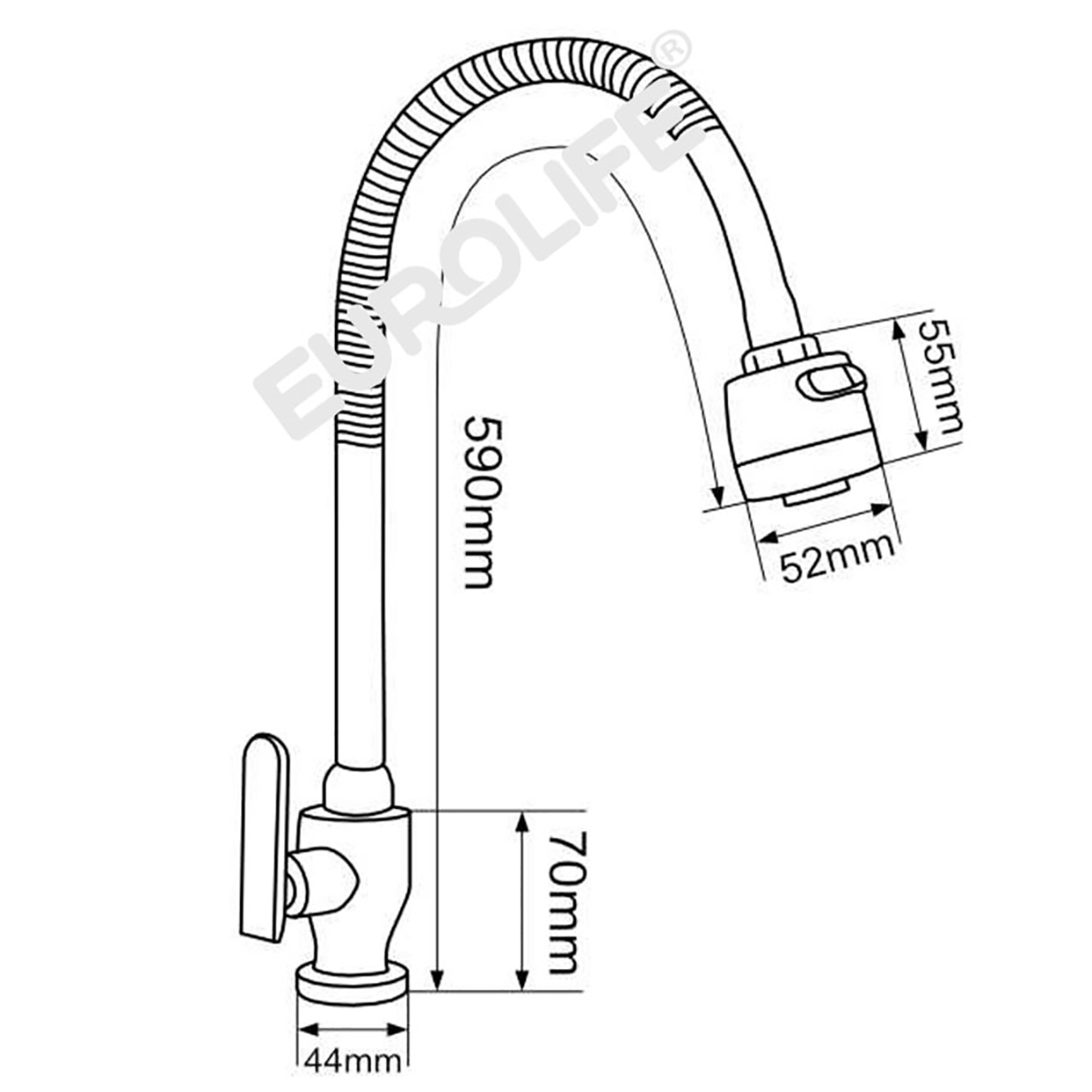 Bản vẽ kỹ thuật vòi rửa chén Eurolife EL-RC01 giúp khách hàng dễ kiểm tra kích thước, chiều cao vòi và thông số đầu vòi trước khi lắp đặt.