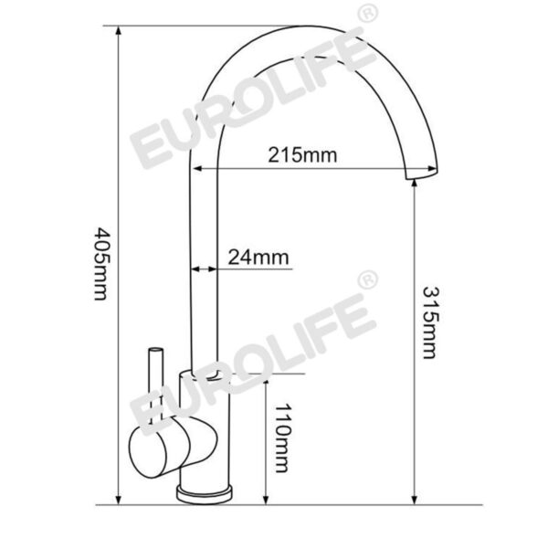 Bản vẽ kỹ thuật vòi rửa chén inox 304 Eurolife EL-KM09 giúp khách hàng kiểm tra kích thước trước khi lắp đặt cho chậu rửa bếp.