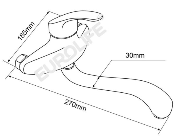 Bản vẽ kỹ thuật vòi rửa chén nóng lạnh âm tường Eurolife EL-T015AT với chiều dài cần vòi 270mm, thân gắn tường gọn gàng, dễ tham khảo trước khi lắp đặt.