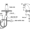 Bản vẽ lắp đặt vòi lavabo cảm ứng Eurolife EL-A100, thể hiện thân vòi, hộp kỹ thuật, đầu nước vào, đầu ra vòi và các kích thước lắp đặt quan trọng.