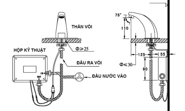 Bản vẽ lắp đặt vòi lavabo cảm ứng Eurolife EL-A100, thể hiện thân vòi, hộp kỹ thuật, đầu nước vào, đầu ra vòi và các kích thước lắp đặt quan trọng.