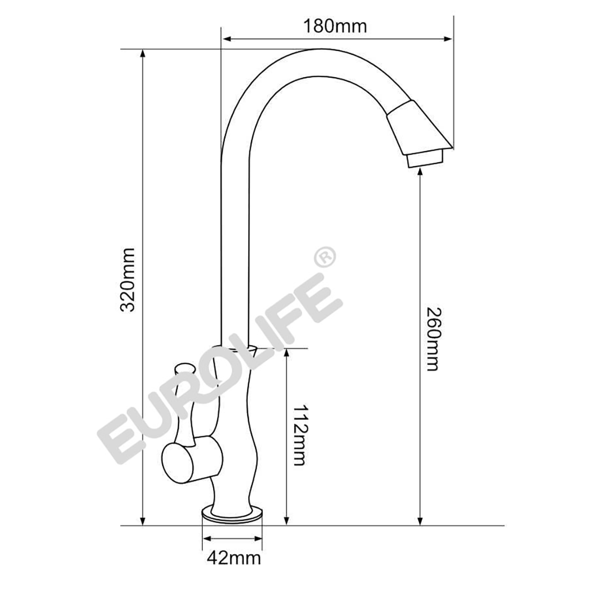 Bản vẽ vòi rửa chén lạnh Eurolife EL-RC03 giúp khách hàng xem kích thước trước khi mua và kiểm tra sự phù hợp với khu vực chậu rửa.