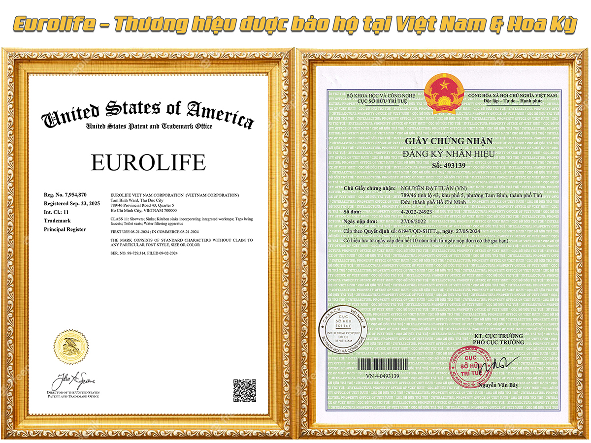 Hình minh họa bảo hộ thương hiệu Eurolife tại Việt Nam và Hoa Kỳ, giúp khách hàng an tâm hơn khi lựa chọn sản phẩm Eurolife chính hãng.