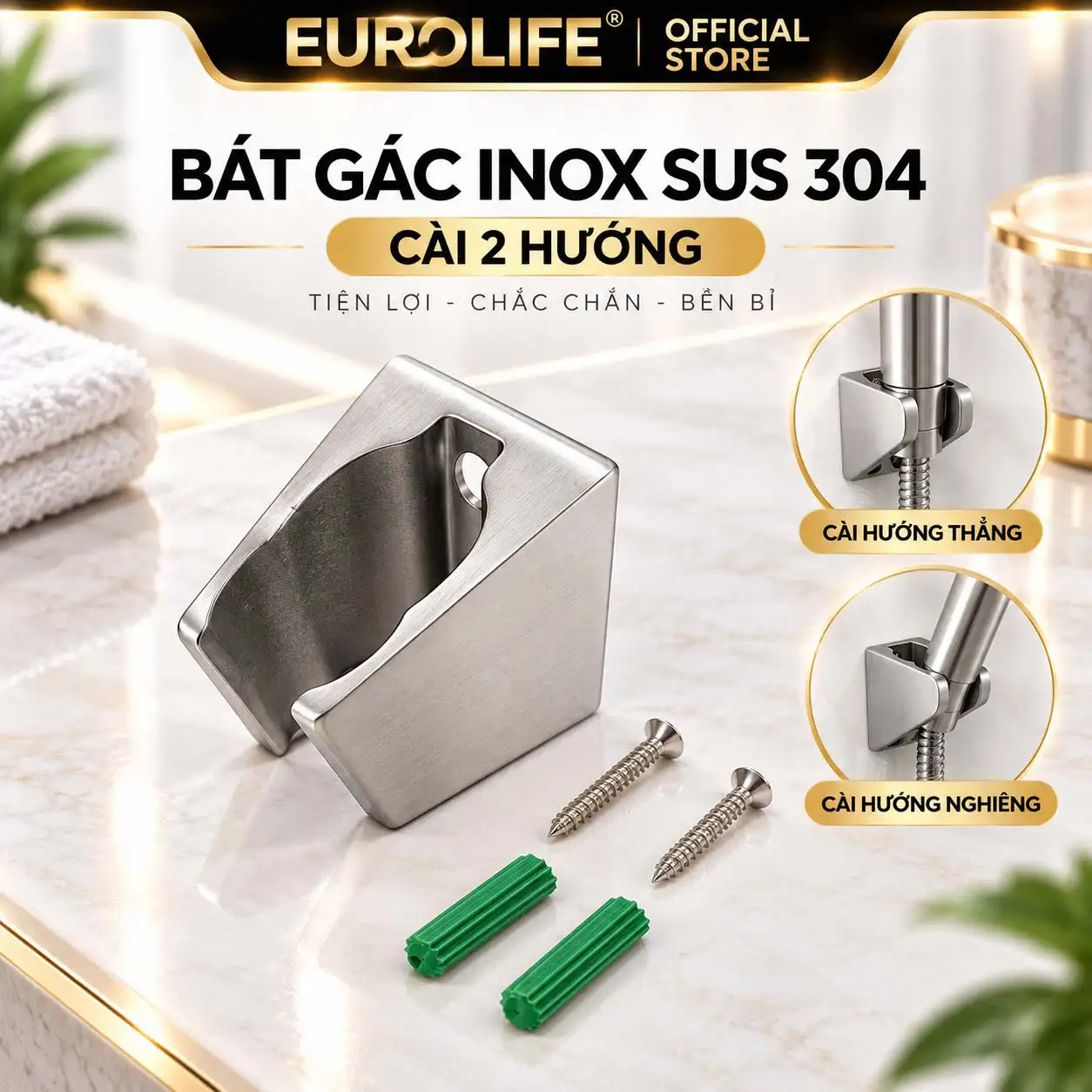 Bát gác Inox SUS 304 Satin của Eurolife EL-110SH với hai hướng cài tay sen thẳng và nghiêng