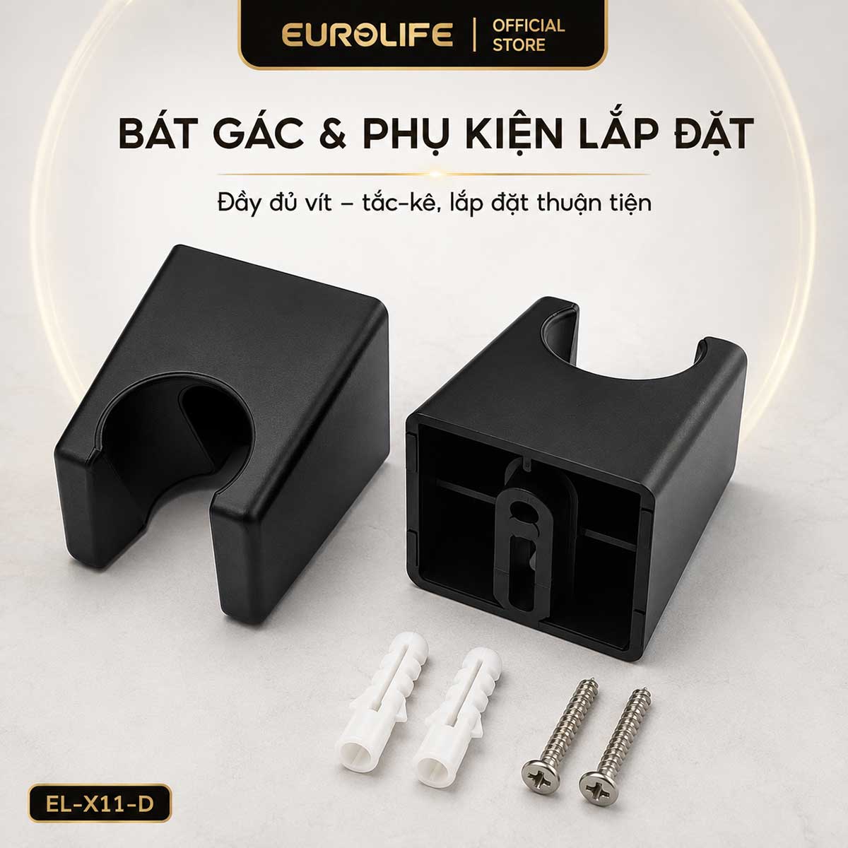 Bát gác tay xịt Eurolife EL-X11-D kèm hai tắc-kê và ốc vít hỗ trợ lắp đặt trên tường 
