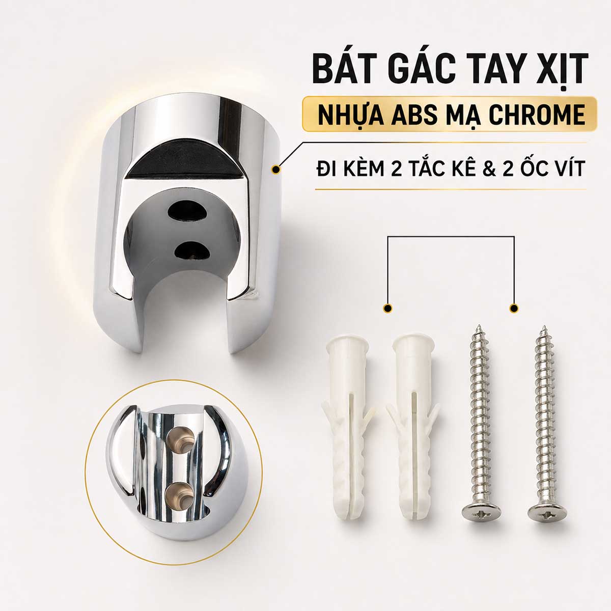 Bát gác tay xịt Eurolife EL-X06 bằng nhựa ABS mạ Chrome, đi kèm hai tắc kê và hai ốc vít lắp đặt.
