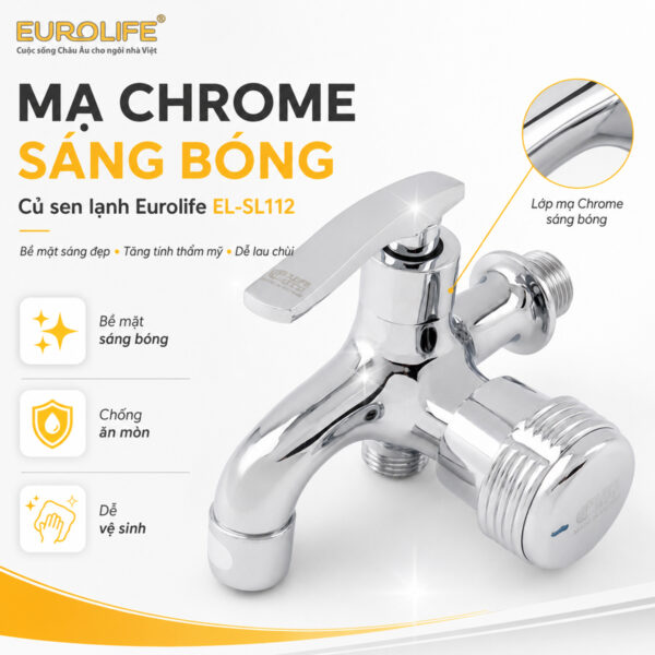 Bề mặt Chrome sáng bóng giúp củ sen lạnh Eurolife EL-SL112 tăng tính thẩm mỹ, dễ phối với phụ kiện phòng tắm và thuận tiện vệ sinh hằng ngày.