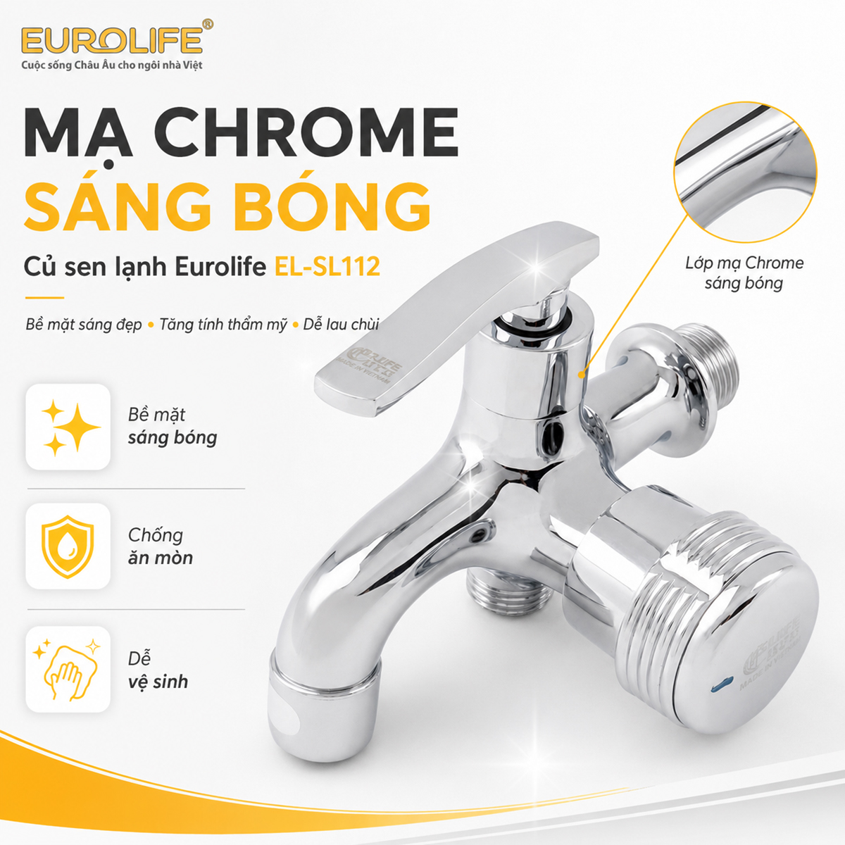 Bề mặt Chrome sáng bóng giúp củ sen lạnh Eurolife EL-SL112 tăng tính thẩm mỹ, dễ phối với phụ kiện phòng tắm và thuận tiện vệ sinh hằng ngày.
