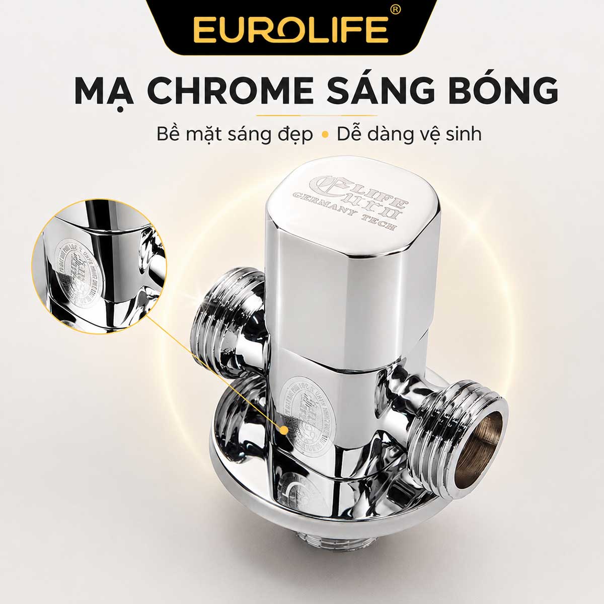 Van T Eurolife EL-VG02 hoàn thiện mạ Chrome sáng bóng, dễ lau vệ sinh và hài hòa với dây cấp, vòi xịt cùng thiết bị phòng tắm.