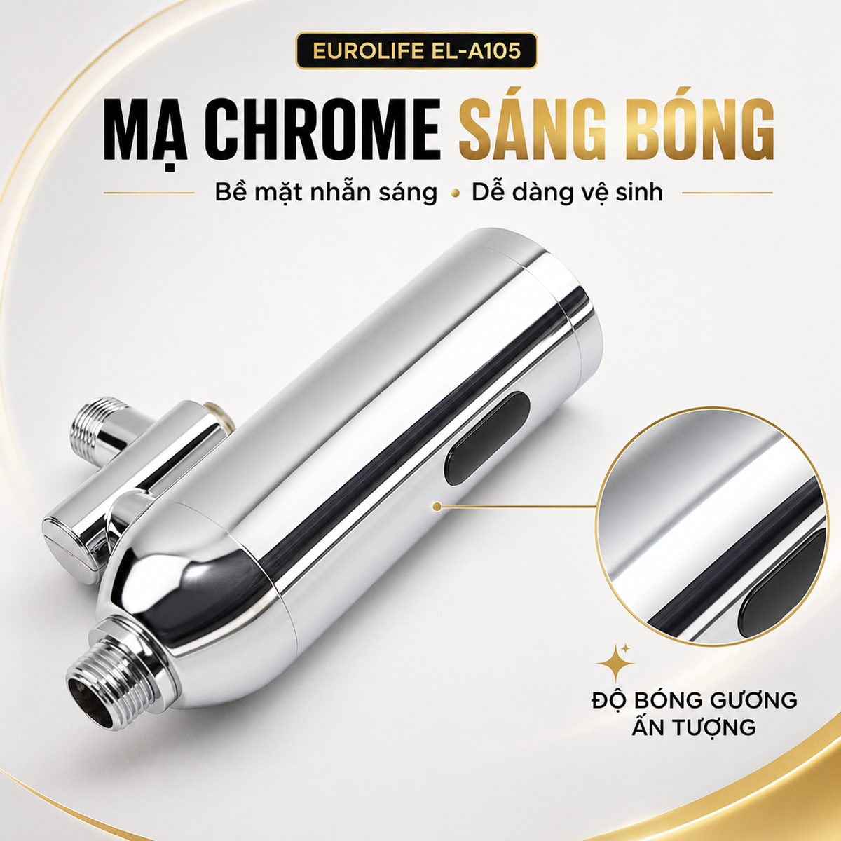Bề mặt mạ Chrome sáng bóng của van xả tiểu cảm ứng Eurolife EL-A105, hoàn thiện nhẵn sáng, dễ lau vệ sinh và phù hợp nhiều không gian.