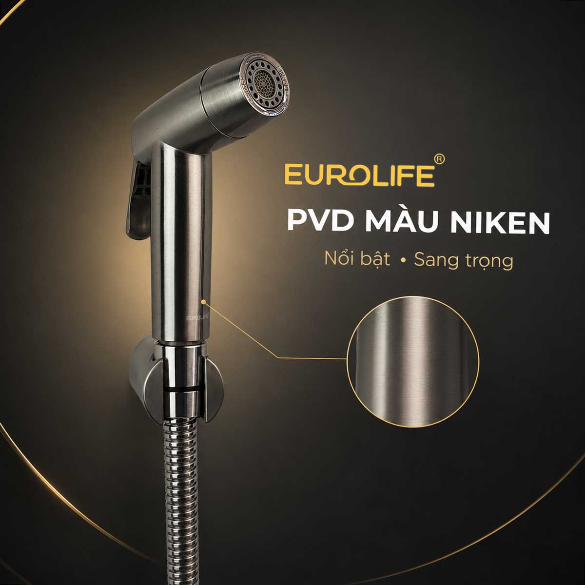 Bề mặt PVD màu Niken của vòi xịt Eurolife EL-X12-V tạo hiệu ứng kim loại hiện đại và sang trọng. 