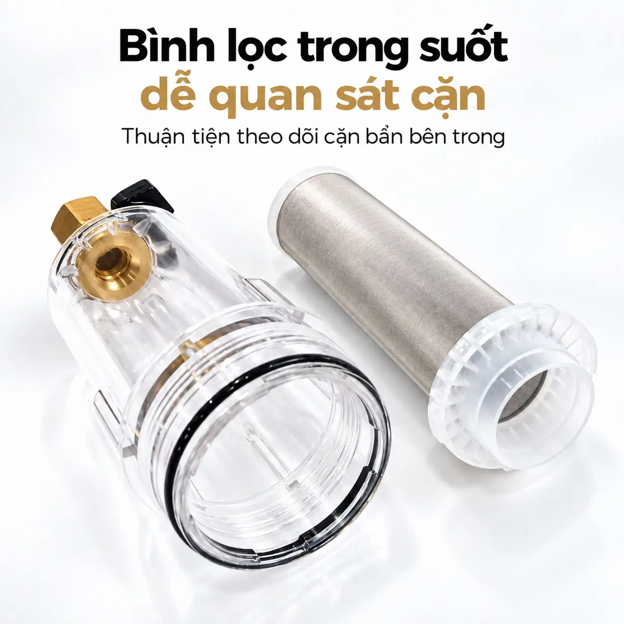 Bình lọc trong suốt của bộ lọc nước thô đầu nguồn Eurolife dễ quan sát cặn và lõi lọc